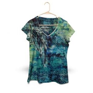 Vintage Y2K Era Blue and Green Patterned V-Neck Tee w Rhinestones Size Large